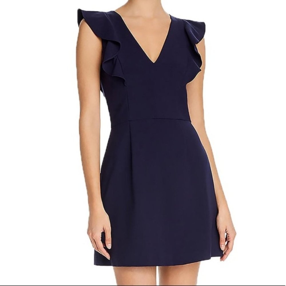 French Connection Whisper Women's Ruffled V-Neck Mini Dress Duchess Blue Size 4